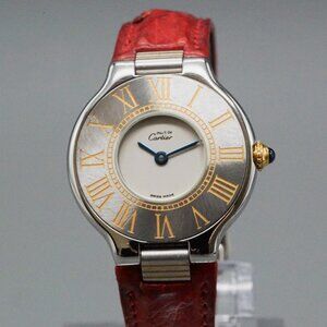 MINT CARTIER RED LEATHER MUST DE LADIES GOLD WATCH WITH FULL BOX